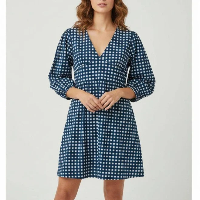sundress Women's Gingham Cotton 3/4 Puff Sleeve V-Neck Empire Waist Dress Etsy - Seller $42.25