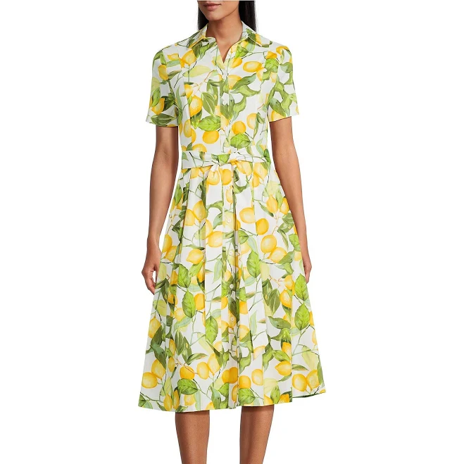 dress Women's Lemon Print Short Sleeve Button Front Tie Belt Midi Dress Dillard's $129