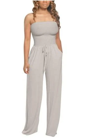 jumpsuit Women's Linen Bandeau Strapless Wide Leg Jumpsuit with Pockets Walmart - FASESH $20.93