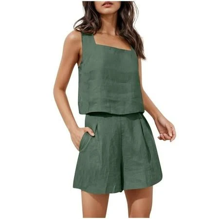 matching set Women's Linen Sleeveless Crop Tank Tops and High Waist Shorts with Pockets Walmart - Htigea $18.4