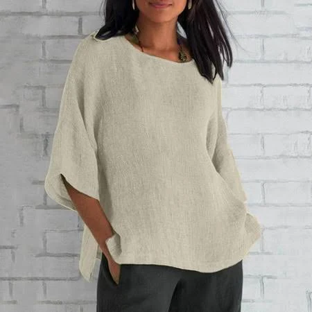 top Women's Loose Fit Linen 3/4 Sleeve Crew Neck Tunic with Side Split Walmart - kuhang official $9.69