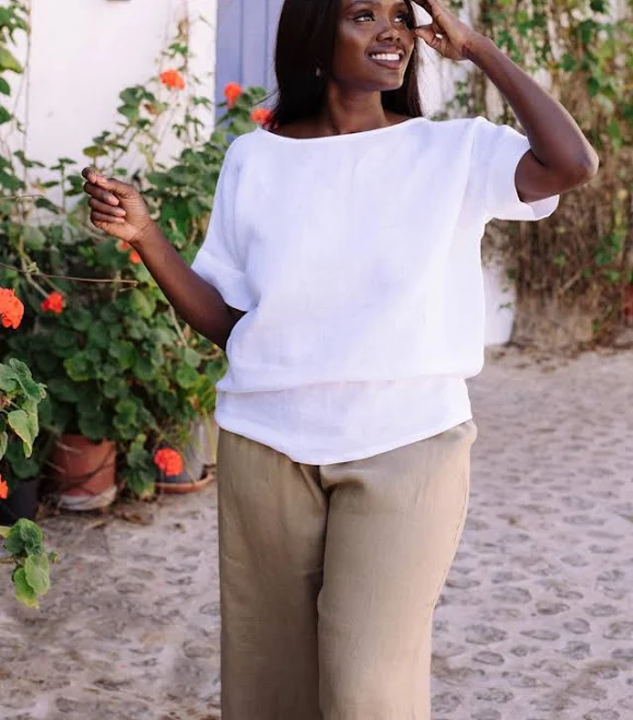 top Women's Loose Fit Linen Boat Neck Short Sleeve Blouse Etsy - MagicLinen $61.05