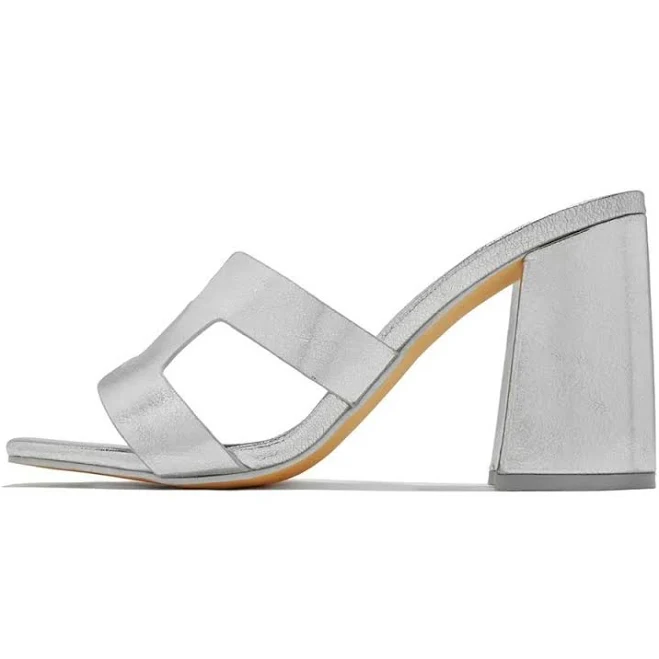 shoes Women's Metallic Block Heel Open Toe Mules fsjshoes $90