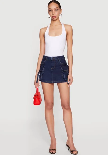 skirt Women's Mini Cargo Pocket Denim Skirt with Buckles Rainbow Shops $19.99