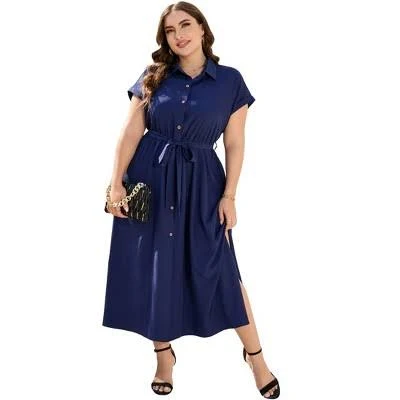dress Women's Plus Size Tie Belt Button Lapel Single Breasted Hem Midi Dress Target $39.99