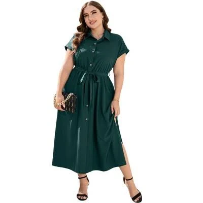 dress Women's Plus Size Tie Belt Button Lapel Single Breasted Hem Midi Dress Target $39.99