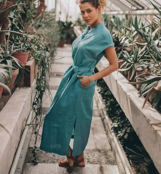 linen outfit Women's Relaxed Linen Midi Dress with Tie Waist VisibleArt $130