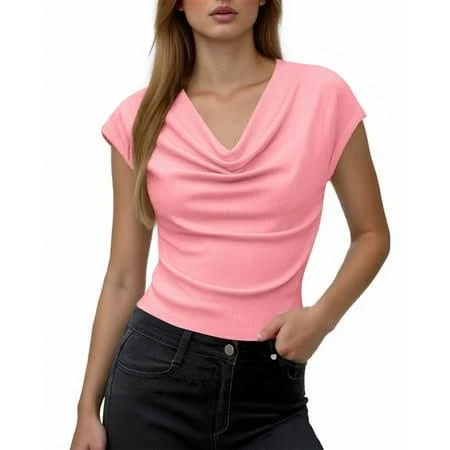 top Women's Ribbed Knit Cowl Neck Cap Sleeve Top Walmart - Hubstore $10.99