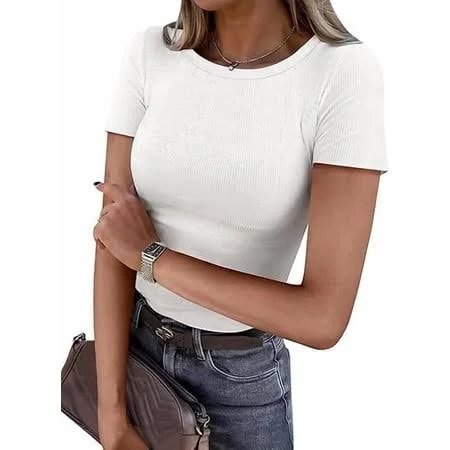 top Women's Ribbed Knit Slim Fitted Crewneck Short Sleeve Shirt Walmart - ANRABESS FASHION $14.99