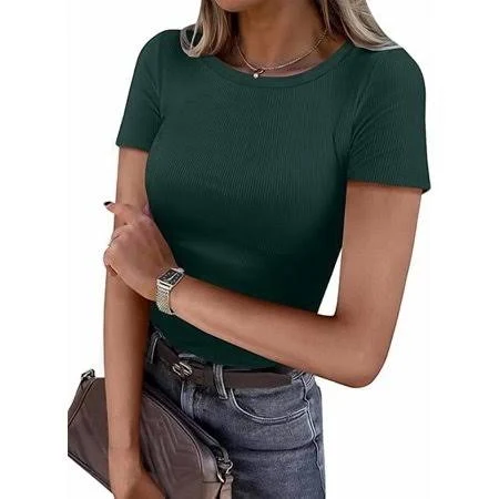 top Women's Ribbed Knit Slim Fitted Crewneck Short Sleeve Shirt Walmart - ANRABESS FASHION $19.99