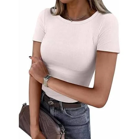 top Women's Ribbed Knit Slim Fitted Crewneck Short Sleeve Shirt Walmart - ANRABESS FASHION $19.99