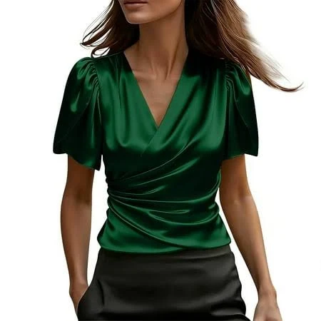 top Women's Satin Silk V-Neck Puff Short Sleeve Wrap Shirt Walmart - YueZhiHe $15.99