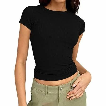top Women's Slim Fit Ribbed Knit Crew Neck Short Sleeve Crop Top Walmart - Fashion Outfits For You $5.39