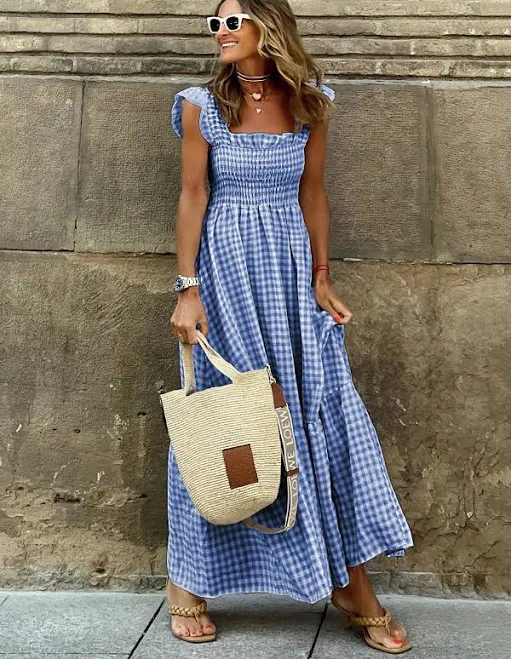 dress Women's Smocked Tiered Ruffle Strap Maxi Sundress milanoo $19.99