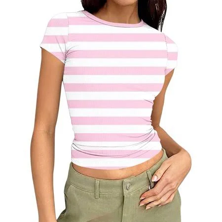top Women's Stretch Crewneck Short Sleeve Striped T-Shirt Walmart - Htigea $10.4