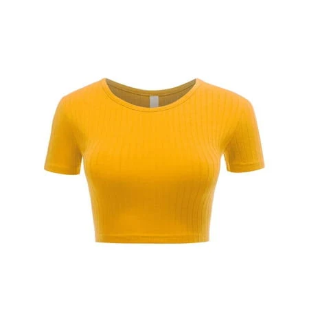 top Women's Stretch Ribbed Knit Crew Neck Short Sleeve Crop T-Shirt Walmart - FASHION MILLE INC $14.95