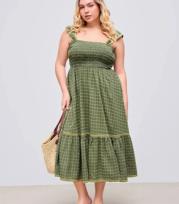 dress Women's Stylish & Elegant Woven Square Neck Shirred Tiered Ruffle Maxi Dress Cider $42.32