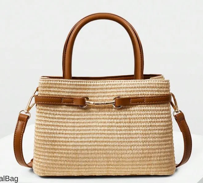 bag Woven Straw Top Handle Bag with Brown Vegan Leather Trim Etsy - Seller $62.15
