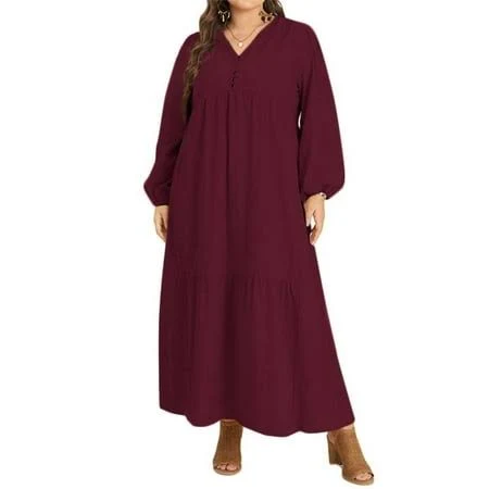 dress ZANZEA Women's V-Neck Long Sleeve Flare Kaftan Maxi Dress Walmart - YIFANG $28.69