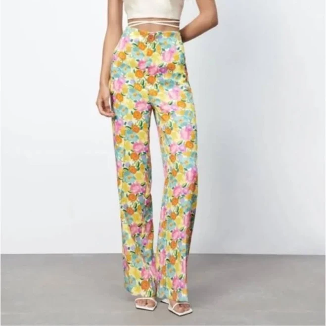 pants Zara Pants & Jumpsuits | Zara Multicolor Floral Wide Leg Satin High Waisted Trousers | Color: Pink/Yellow | Size: Xs | Pm-95847150's Closet Poshmark $28