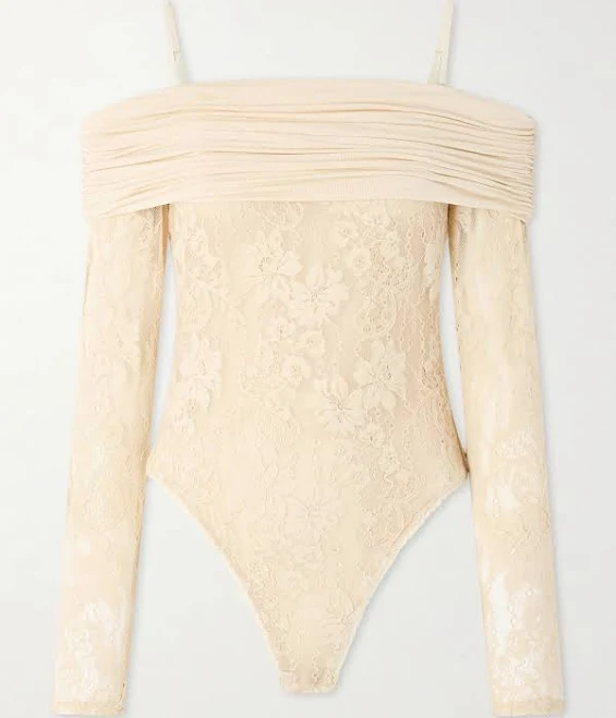 bodysuit Zimmermann Off-the-shoulder Ruched Jersey And Stretch-lace Bodysuit - Women - Cream Tops - XL NET-A-PORTER $550