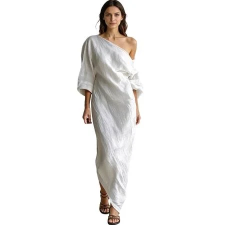 dress Zsyiiiiii 2026 Women's Ivory White Cotton-Linen Blend One-Shoulder Flowing Maxi Dress Elegant Lantern-Sleeve Draped Dress with Pockets, Size: Large Walmart - KTthirteen $38.98