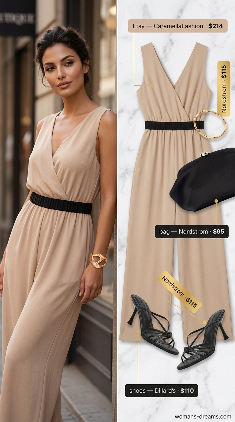 Quiet luxury old money summer outfits for women 2026: Soft beige wide-leg jumpsuit, gold cuff, and black sandals for evening.