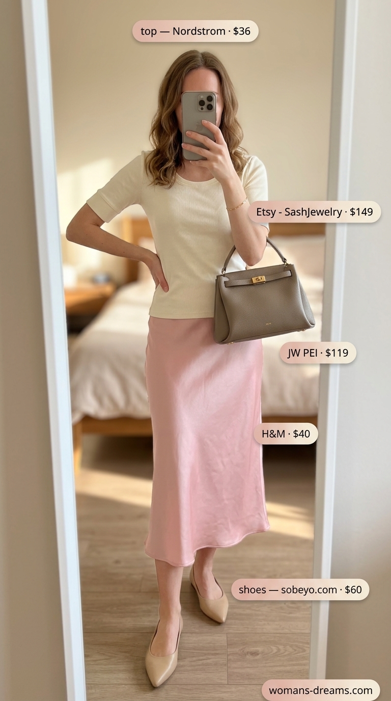 Quiet luxury old money summer outfits for women 2026: Blush pink midi skirt, cream knit top, ballet flats for daytime event.