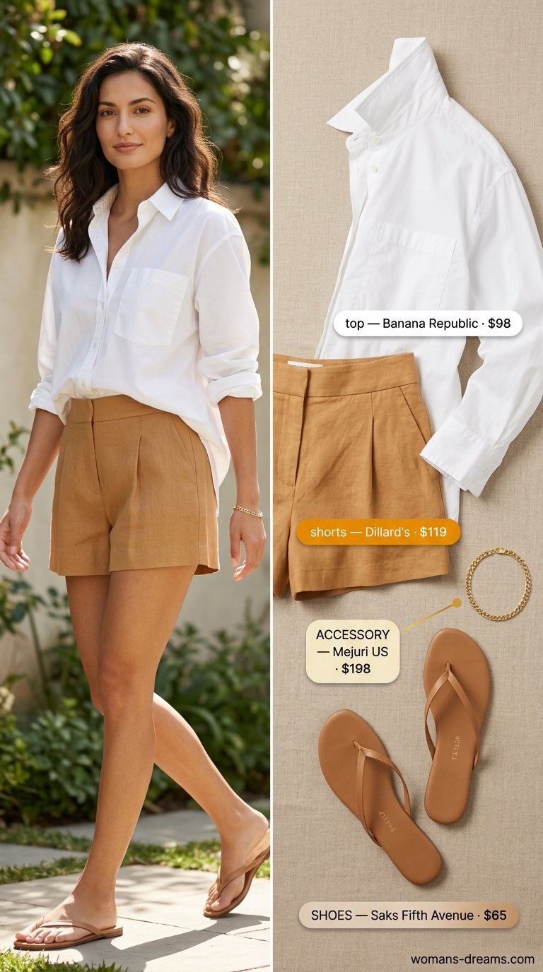 Quiet luxury old money summer outfits for women 2026: White oversized shirt, camel linen shorts, and gold bracelet for daytime.