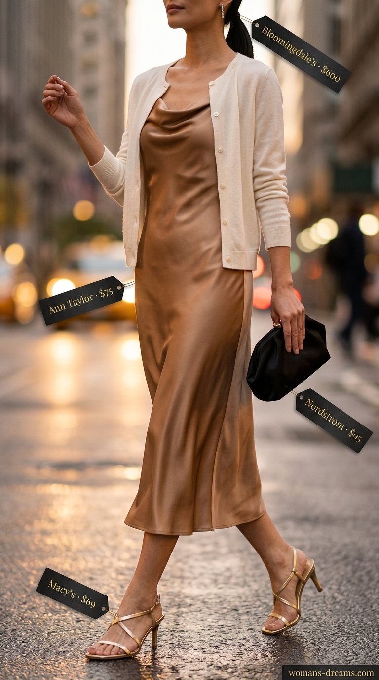Quiet luxury old money summer outfits for women 2026: Caramel silk slip dress, cashmere cardigan, and gold sandals for date night.