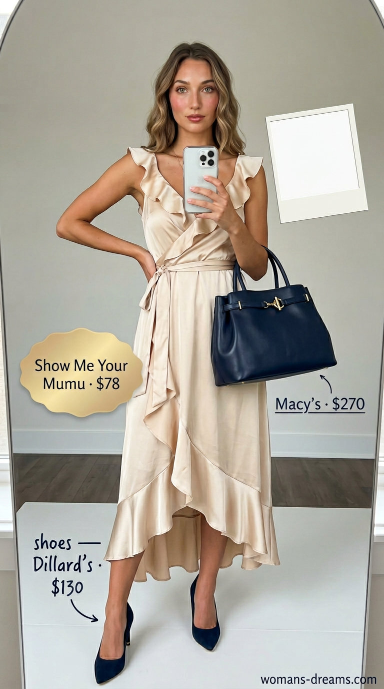 Quiet luxury old money summer outfit for women 2026: Champagne silk midi dress, navy satchel, gold jewelry for daytime events.