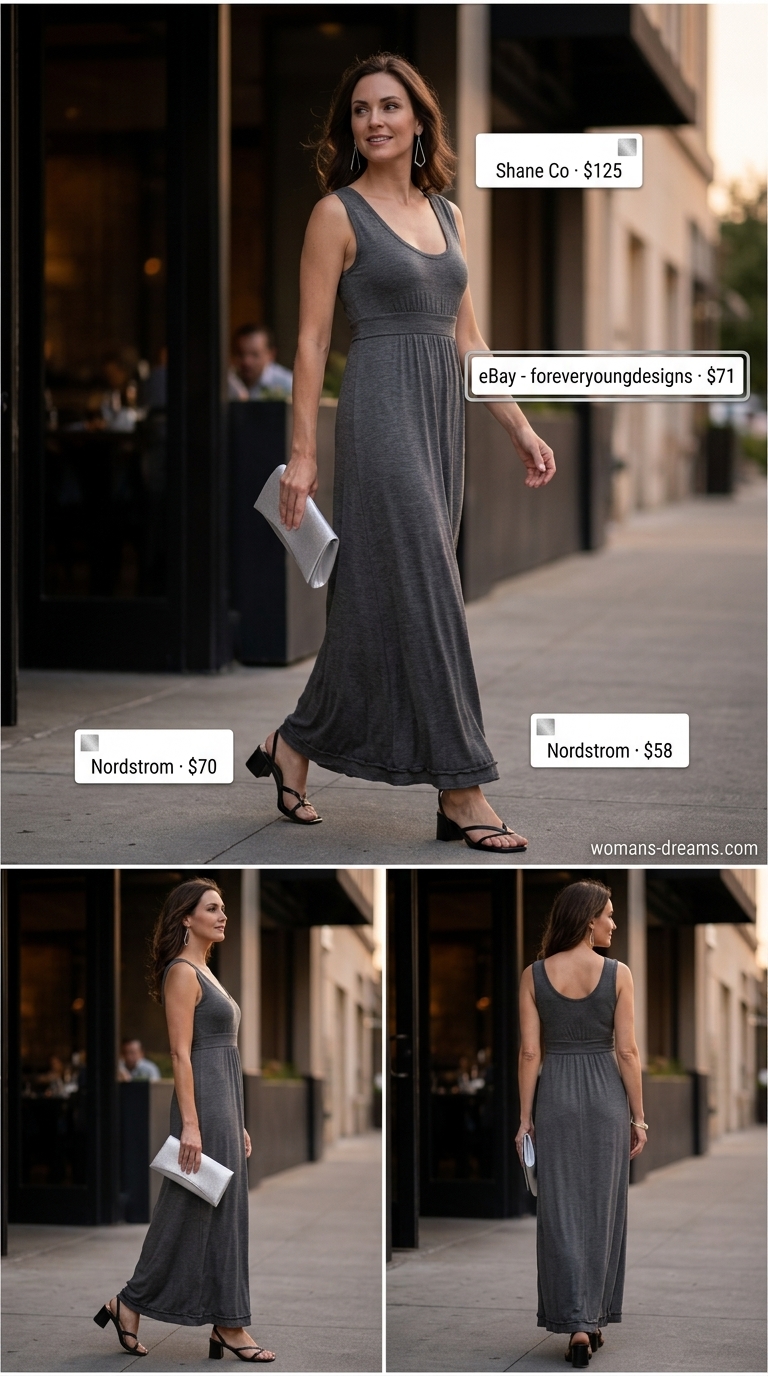 Quiet luxury old money summer outfits for women 2026: Charcoal grey maxi dress, silver clutch, and black sandals for an evening event.