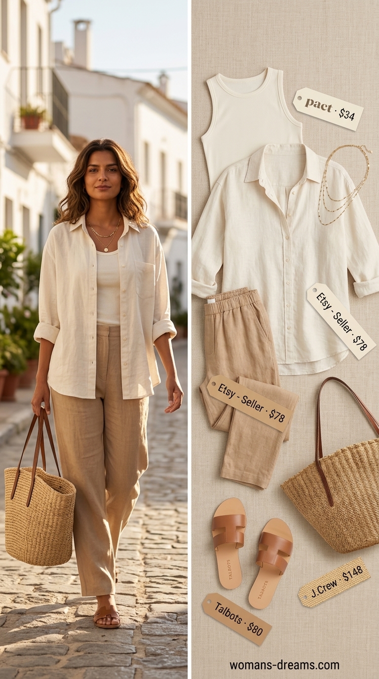 Quiet luxury old money summer outfits for women 2026: Cream linen set, tan slides, and straw tote for vacation style.