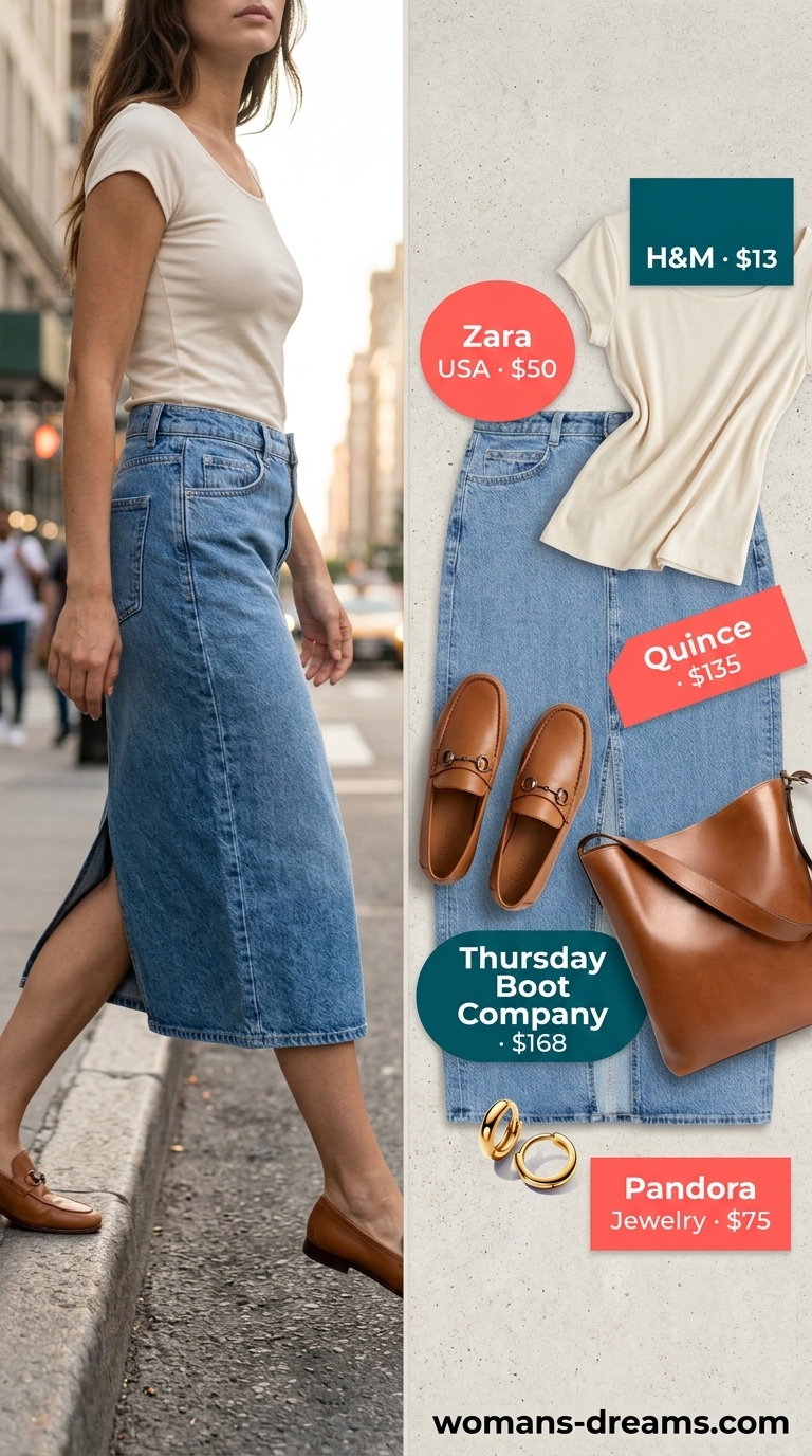 Quiet luxury old money summer outfits for women 2026: Denim midi skirt, cream knit top, leather loafers for brunch.