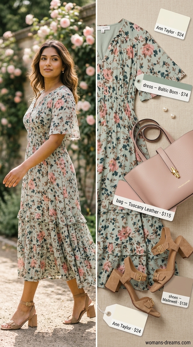 Quiet luxury old money summer outfits for women 2026: Floral midi dress, taupe block heels, pearl earrings for garden party.