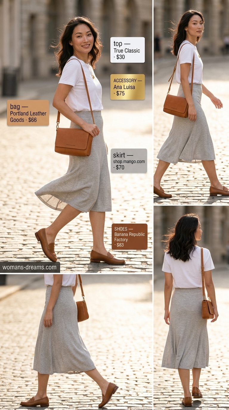 Quiet luxury old money summer outfits for women 2026: Light grey knit midi skirt, white tee, and tan loafers for casual chic.