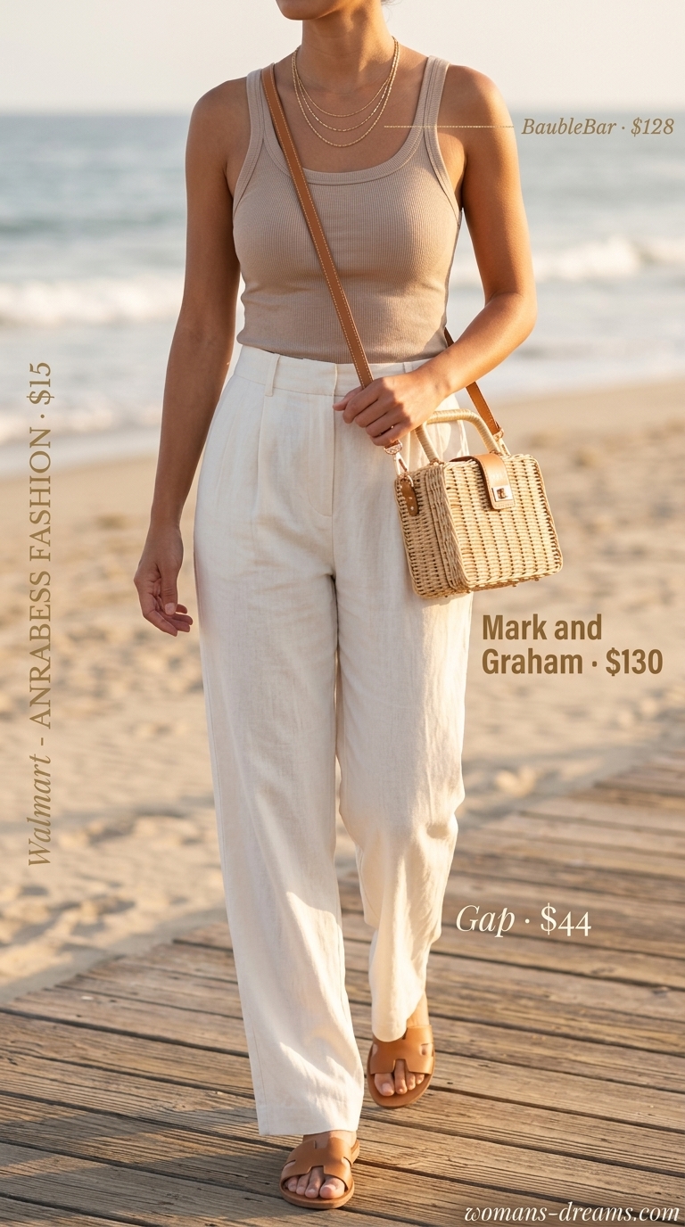 Quiet luxury old money summer outfits for women 2026: Ivory linen pants, cream knit tank, gold jewelry for a coastal lunch.