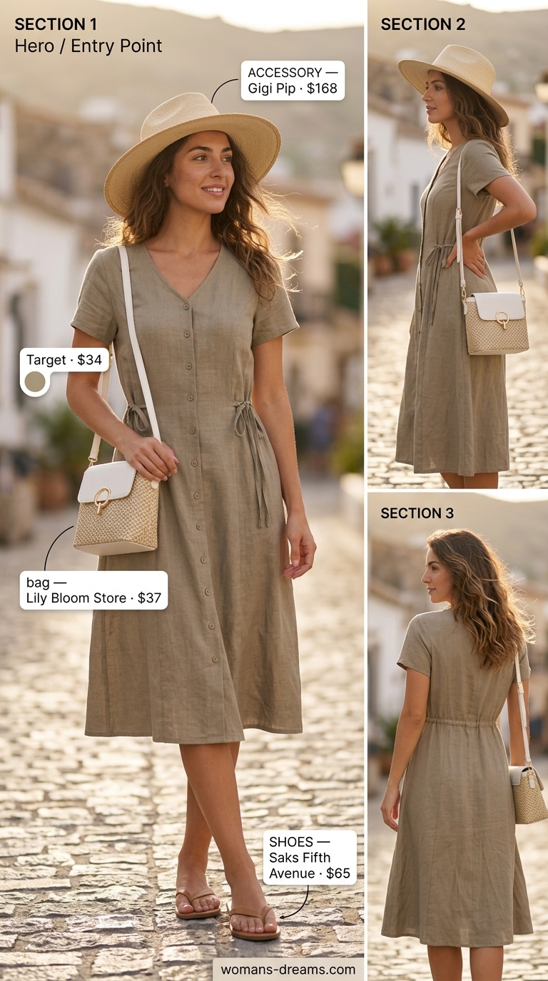 Quiet luxury old money summer outfits for women 2026: Soft khaki linen shirt dress, straw hat, and leather sandals for casual days.