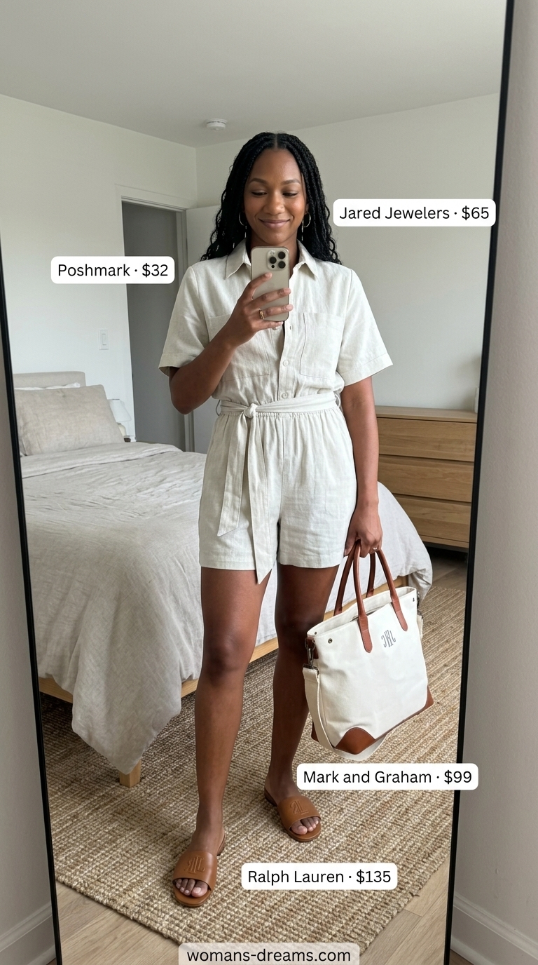 Quiet luxury old money summer outfits for women 2026: Khaki utility romper, tan slides, canvas tote for casual day out.