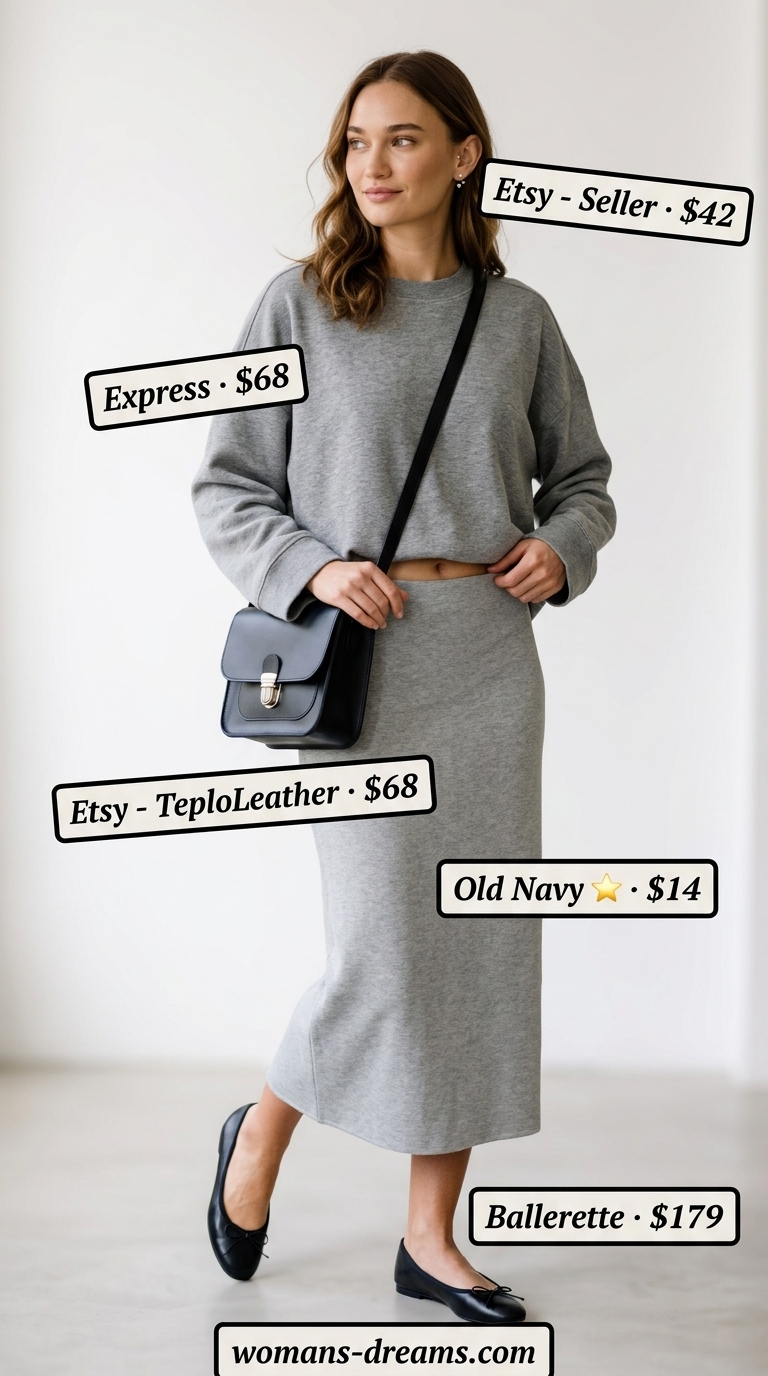 Quiet luxury old money summer outfits for women 2026: Grey knit sweater and skirt set, black flats, silver earrings.