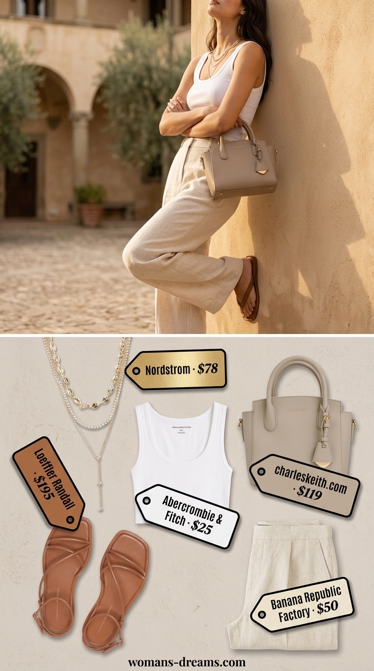 Quiet luxury old money summer outfits for women 2026: Cream linen pants, beige tank, gold necklaces for relaxed elegance.