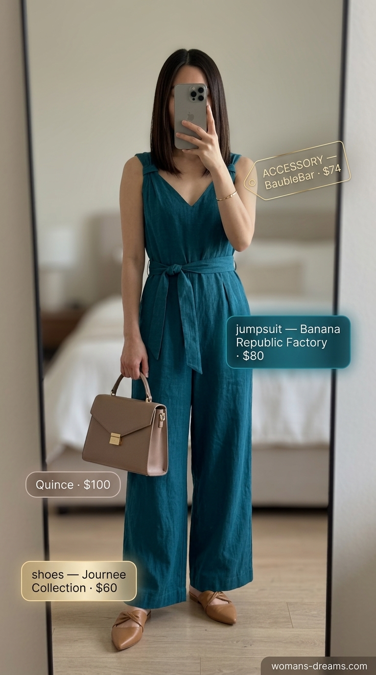 Quiet luxury old money summer outfits for women 2026: Navy wide-leg jumpsuit, cream mules, and gold accents for a polished look.