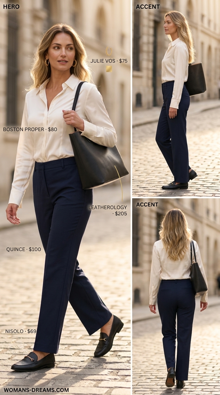 Quiet luxury old money summer outfits for women 2026: Navy trousers, ivory silk blouse, black loafers for work.