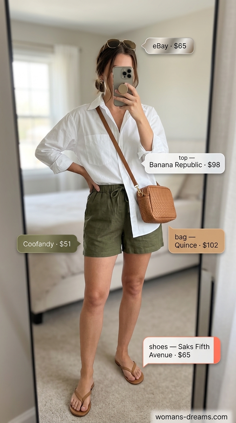Quiet luxury old money summer outfits for women 2026: Olive linen shorts, white oversized shirt, cognac bag for casual day.
