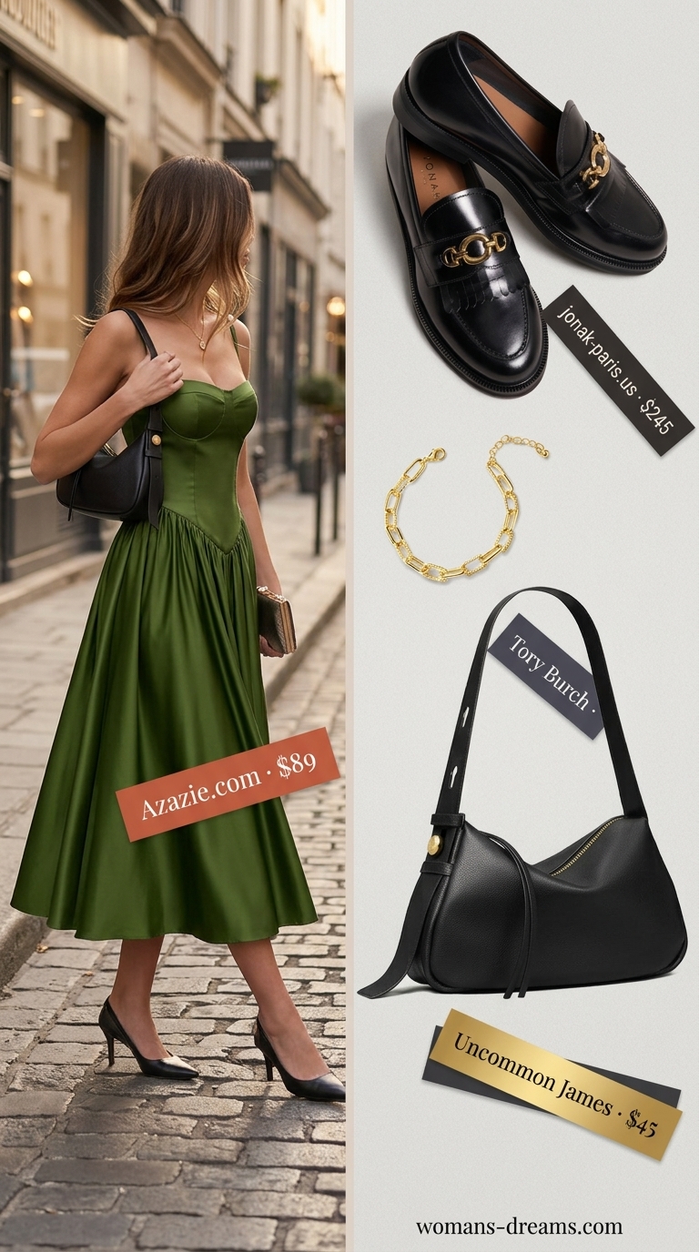 Quiet luxury old money summer outfits for women 2026: Olive green midi dress, black loafers, gold bracelet for brunch.