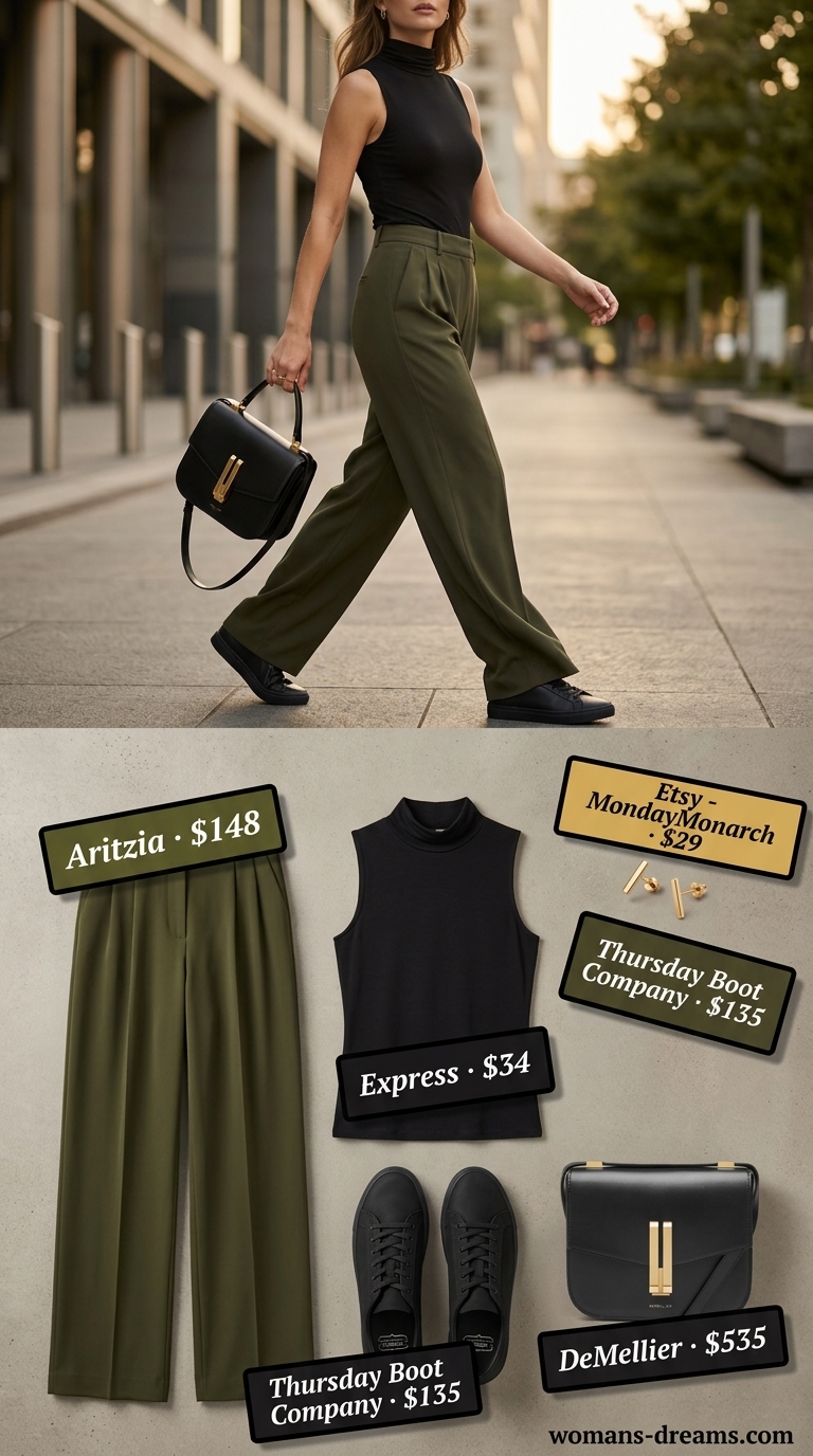 Quiet luxury old money summer outfits for women 2026: Olive green wide-leg pants, black mock neck top, and gold earrings.