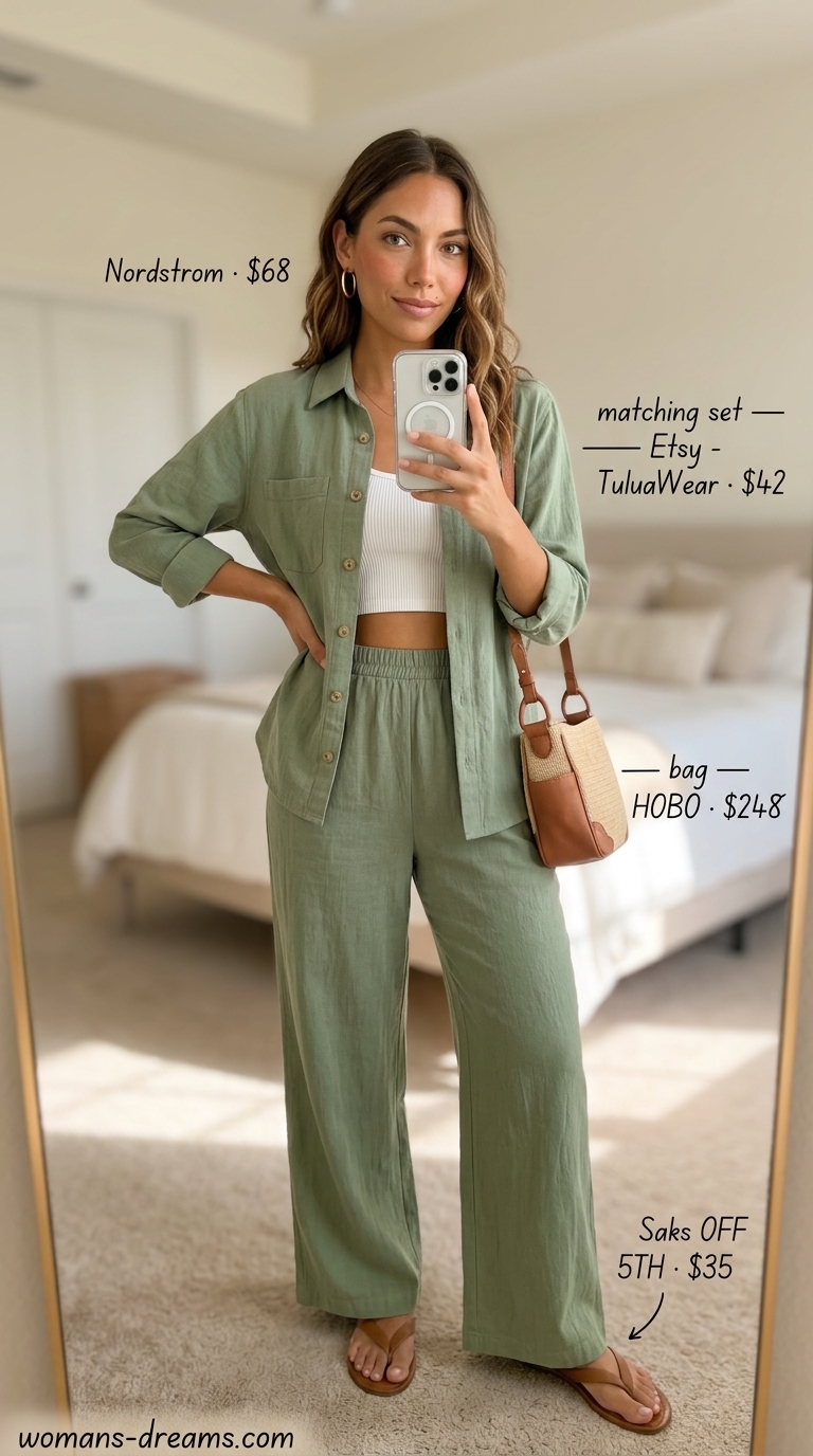 Quiet luxury old money summer outfits for women 2026: Sage green linen matching set, tan sandals, gold hoops for vacation.