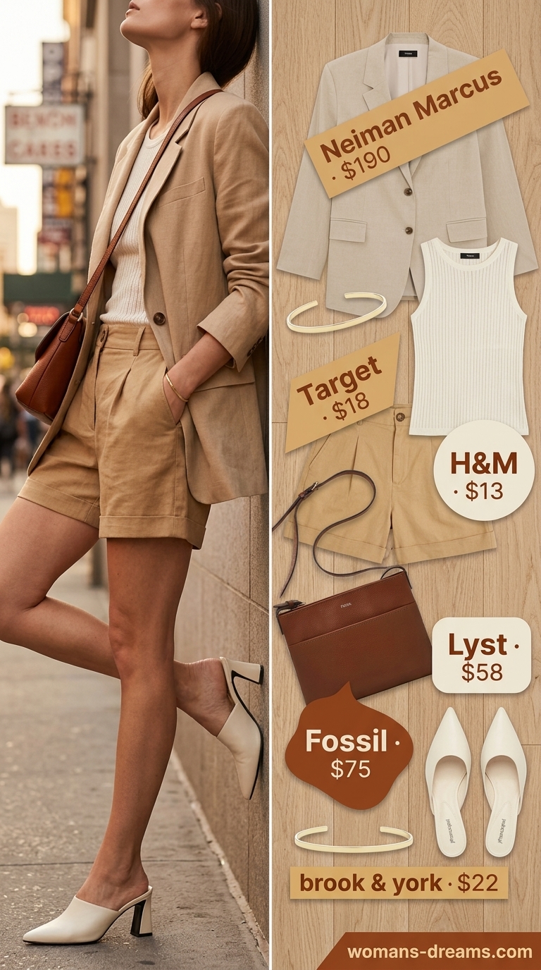 Quiet luxury old money summer outfits for women 2026: Camel linen shorts suit, white knit top, nude mules for business casual.