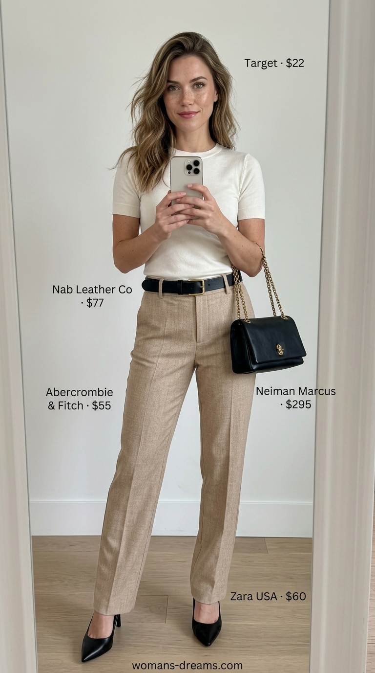 Quiet luxury old money summer outfits for women 2026: Camel trousers, cream knit top, black heels for smart casual.