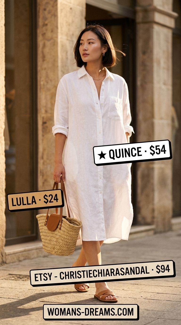 Quiet luxury old money summer outfits for women 2026: White linen shirt dress, tan slides, gold hoops for daytime event.